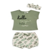 Tricou Baby by Petit Lem Baby Girl, pantaloni scurți cu bule și bandă cu arc, set de ținute 3-pc