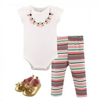 Little Treasure Baby Girl Body din bumbac, set de pantaloni și pantofi, colier Sparkle, 6 luni