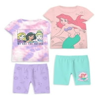 Tricouri cu mânecă scurtă Disney Princess Girls și Set scurt de ținute Mix-and-Match Din 4 Piese, dimensiuni 4-16