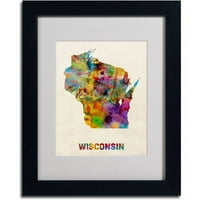 Marcă comercială Fine Art Wisconsin Map Matted Framed Art de Michael Tompsett, cadru negru