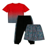 Set de pijamale cu mânecă scurtă, pantaloni scurți și pantaloni Wonder Nation Boys, 3 piese, dimensiuni 4 - & Husky